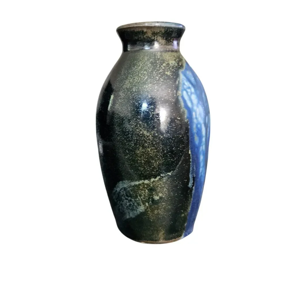 Vintage Studio Art Pottery Drip Glaze Blue Black Stoneware Vase 6in Signed